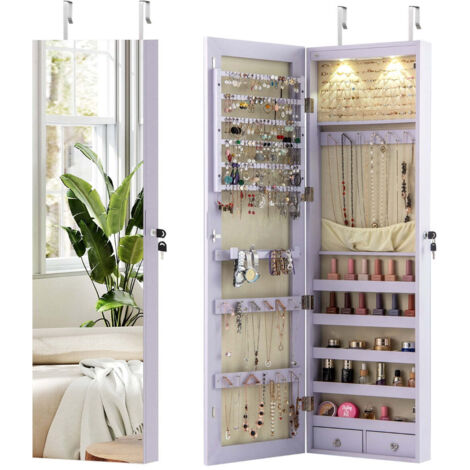 GOPLUS Armoire à Bijoux Murale Avec Miroir Et Lumière LED - Rangement MDF Blanc 106x30x8,5cm