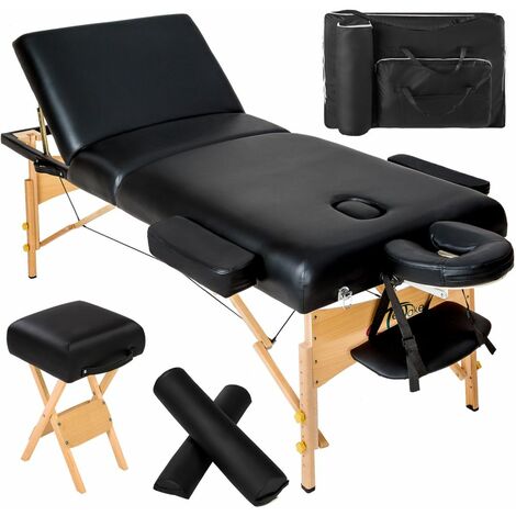 Table de massage Pliante 3 Zones, Tabouret, Rouleau + Housse noir - Noir
