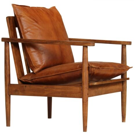 Fauteuil chaise siège lounge design club sofa salon cuir véritable avec bois d'acacia marron (1/5)