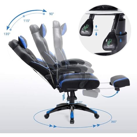 Fauteuil gamer ergonomique chaise gaming fauteuil de bureau avec repose-pieds télescopique appui-tête réglable support lombaire capacité de charge 150 kg lbeu et noir