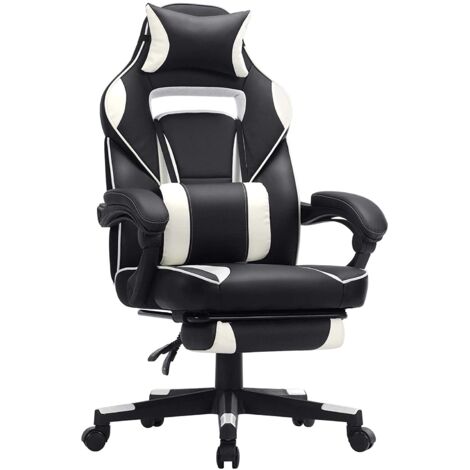 Fauteuil gamer chaise gaming siège de bureau réglable avec repose-pieds télescopique ergonomique mécanisme basculent appui-tête support lombaire charge 150 kg noir et blanc (1/5)