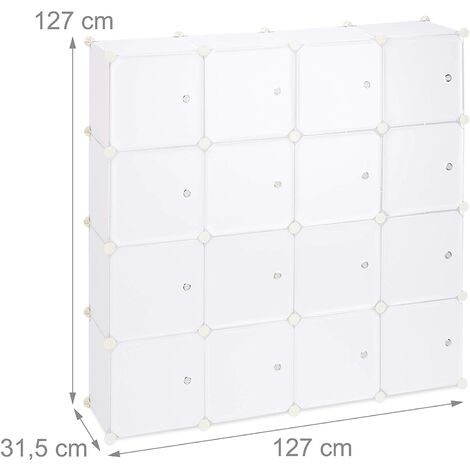Étagère rangement 16 casiers portes modulable assemblage plug in bibliothèque plastique 127 cm blanc