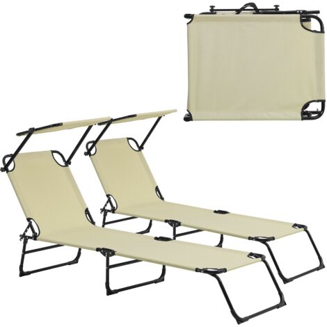 Lot de 2 transats pliable avec toiture pare soleil de relax acier 190 cm crème (1/4)