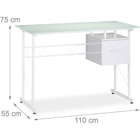 Bureau moderne avec plaque de verre tiroir latéral pour chambre d’ado 110 cm blanc - Transparent