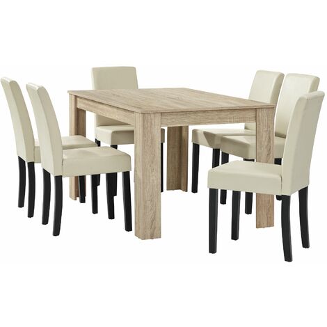 Table à manger chêne brilliant avec 6 chaises crème cuir-synthétique rembourré 140x90 cm (1/5)