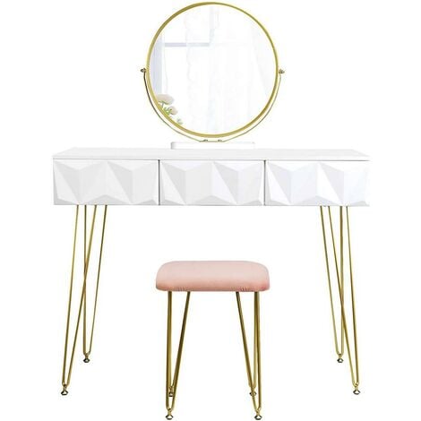 Coiffeuse avec tabouret et miroir pivotant moderne 100 cm rond blanc doré - Blanc