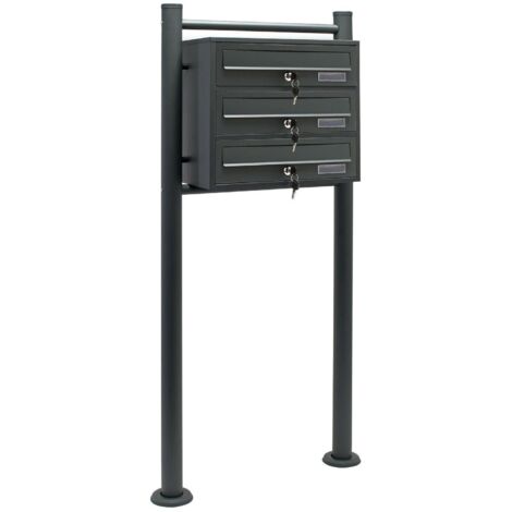 Bloc 3 boites aux lettres pied de support 3 compartiments superposé acier galvanisé 36 x 38,5 x 27 cm anthracite (1/5)