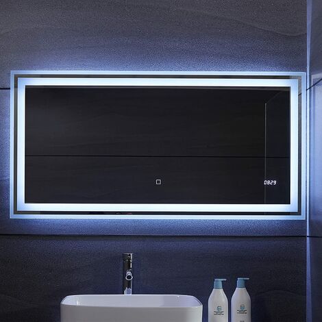 Miroir de salle de bain led tactile mural 3 en 1 éclairage blanc froid chaud neutre anti buée horloge numérique miroir lumineux cosmétique 120 x 60 cm