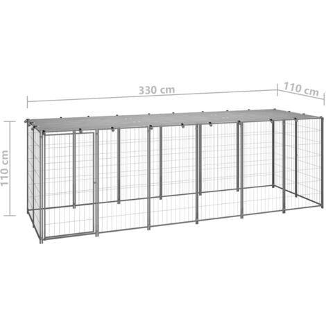 Chenil extérieur cage enclos parc animaux chien argenté 330 x 110 x 110 cm acier