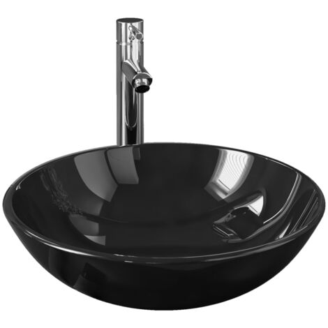 Lavabo vasque salle de bain diamètre 42 cm avec robinet et drain à poussoir verre trempé (1/5)