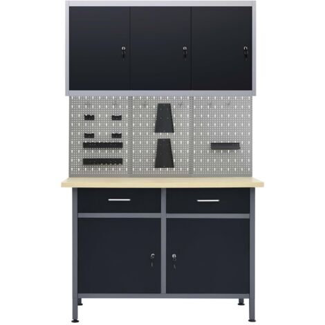 Etabli 120 cm et 3 panneaux muraux et 1 armoire table de travail atelier gris noir (1/5)
