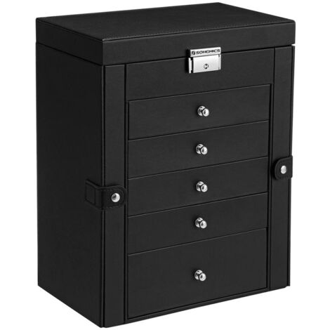 Boîte à bijoux coffre à bijoux grand 6 niveaux avec ailes tiroirs miroir et fermoir pour bracelets boucles d'oreilles bagues colliers idée cadeau 32 cm noir