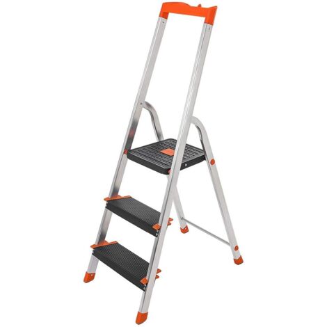 Échelle à 3 Marches Escabeau Pliable En Aluminium Marches De 12 Cm De Large Avec Rainures Pieds Antiglisses Main Courante Porte Outils Charge 150 Kg Argent 55927508