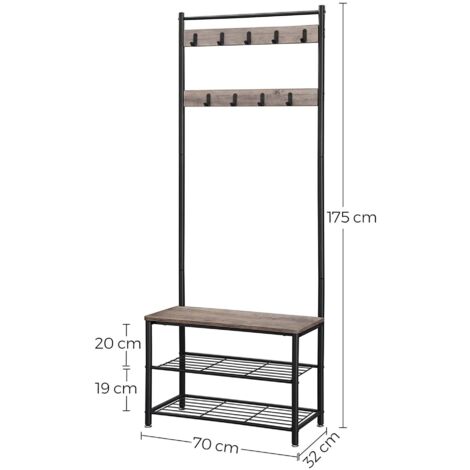 Vasagle portemanteau, meuble d'entrée, vestiaire, portant, avec banc et étagère à chaussures, crochets, cadre en métal, hauteur 175 cm, style industriel, marron noix et noir hsr041b41 Hauteur 175 cm