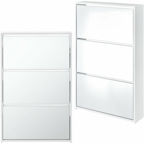 Étagère à chaussures design meuble de rangement 3 compartiments stockage pour 9 paires façade miroir panneaux de particules mélaminés 102,5 x 63 x 17 cm blanc (1/4)