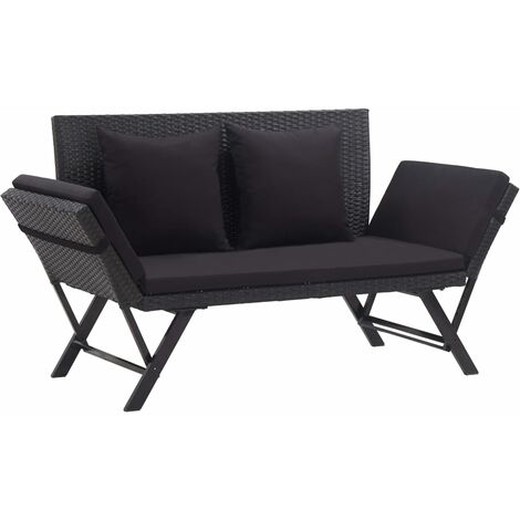 Banc de jardin meuble de patio d'extérieur terrasse avec coussins 110 x 60 x 32 cm résine tressée noir (1/5)