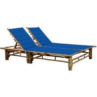 Transat chaise longue bain de soleil lit de jardin terrasse meuble d'extérieur pour 2 personnes avec coussins bambou