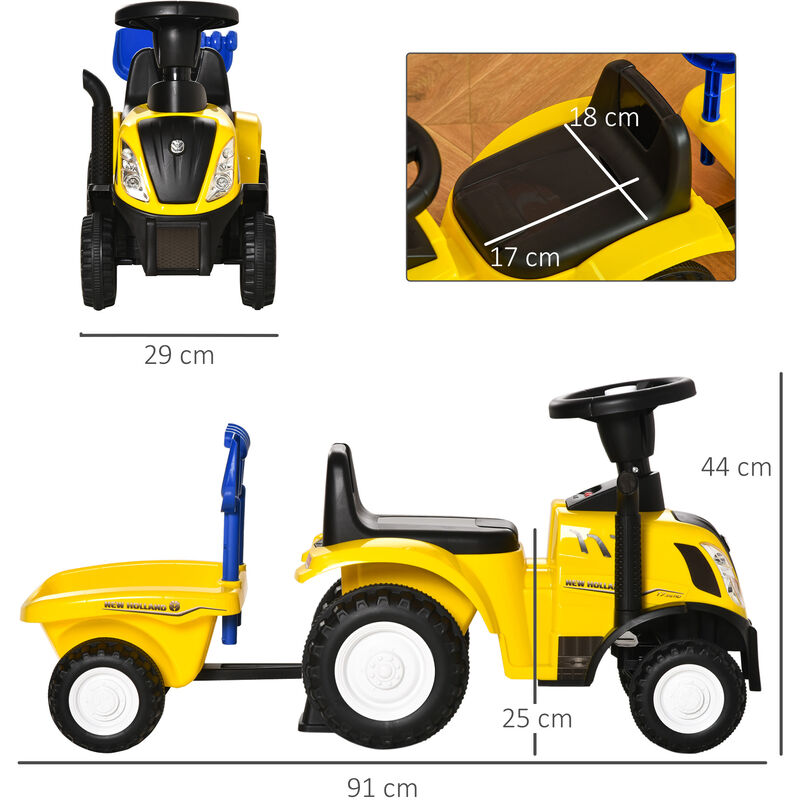 Rutsch-Traktor mit Anhänger, Hupe, Sandspielzeug, ab 1 Jahr,  Kunststoff+Metall, gelb, 91 x 29