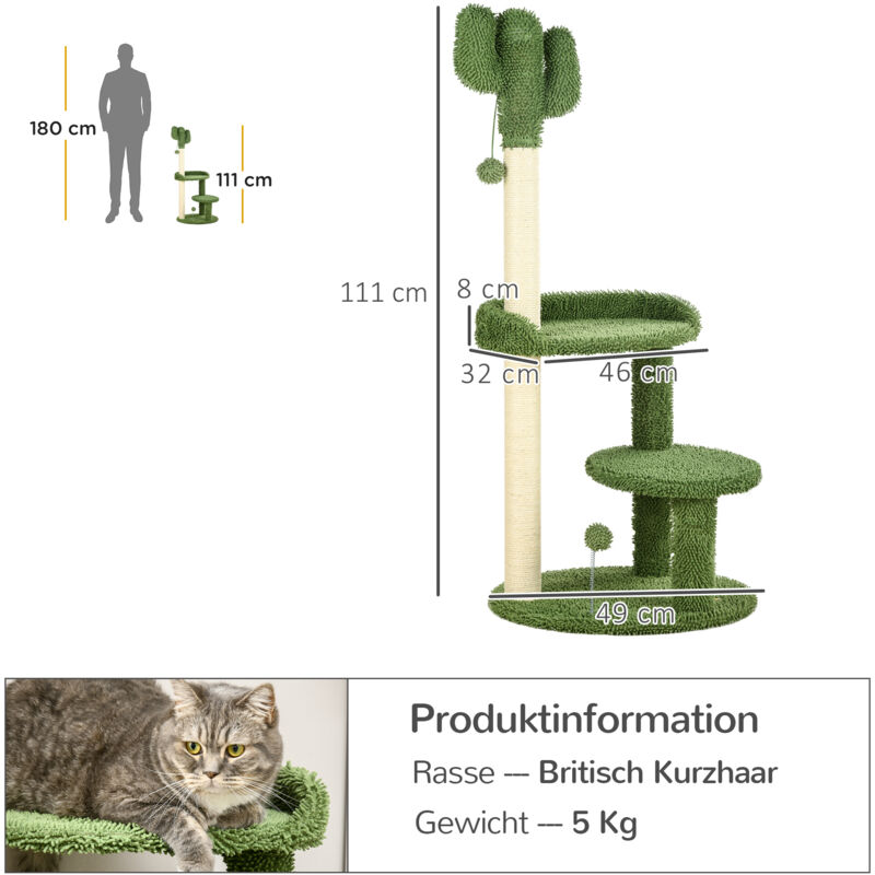 PawHut Katzenbaum 98 Cm Mit Höhle, Bett & Kratzpfosten - Spielturm Mit Künstlichen Blättern Für Katzen Bis 5 Kg (grün)