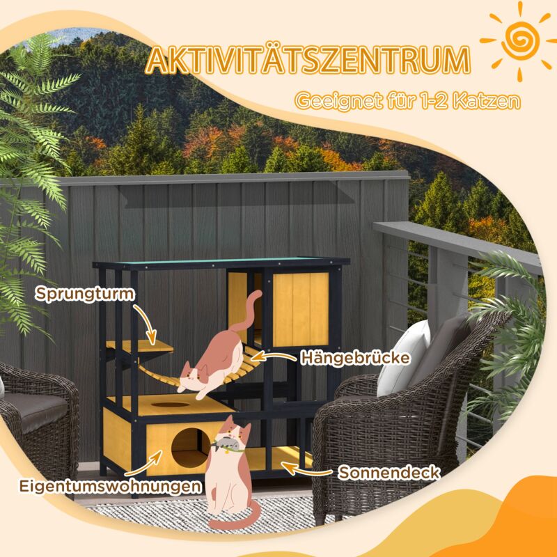 PawHut Katzenhaus, Tannenholz, Katzenhütte für draußen mit Terrasse
