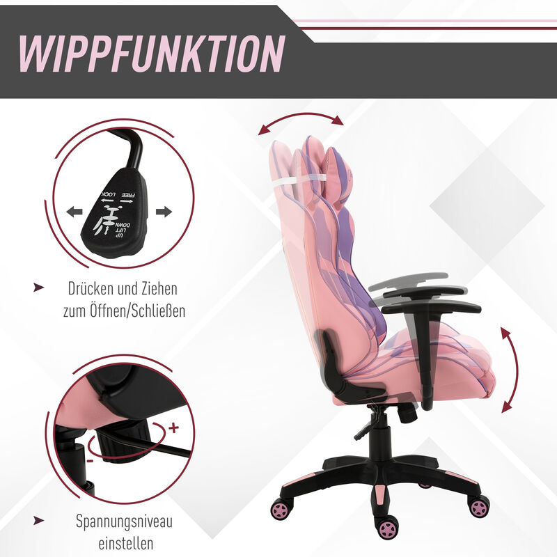 Vinsetto Ergonomischer Gaming Stuhl Bürostuhl Drehstuhl Verstellbares  Massage Lendenkissen Höhenverstellbar Rosa&Violett 69x56x125,5 cm