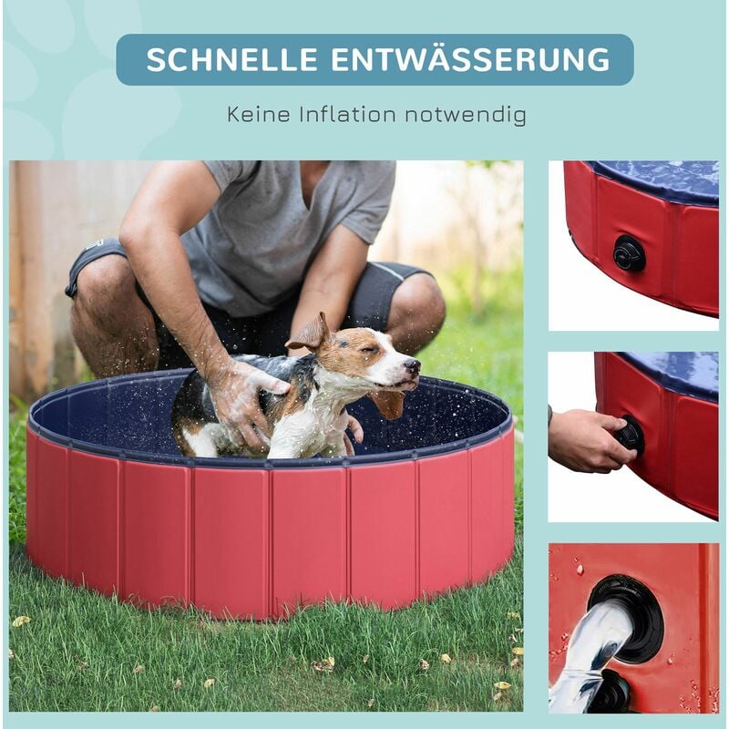 Planschbecken cm Ø100 x Schwimmbecken PVC+Holz Hundepool Rot Schwimmbad Hundebad PawHut H30