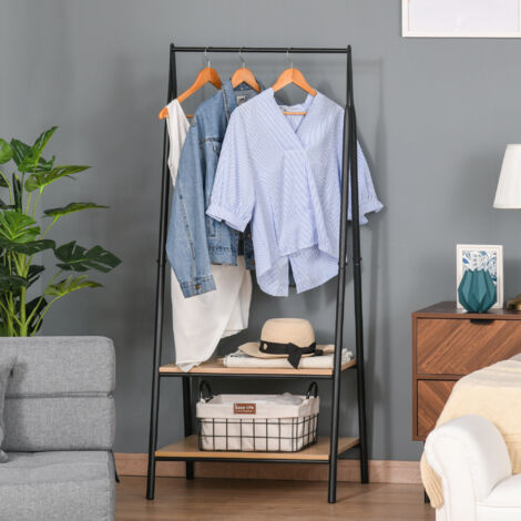 HOMCOM Gaderobenständer Kleiderständer Kleiderstange mit Schuhablage Wäscheständer Metall + Holz Schwarz + Natur 64 x 42,5 x 149 cm