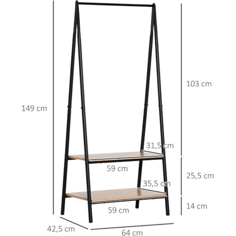 HOMCOM Gaderobenständer Kleiderständer Kleiderstange mit Schuhablage Wäscheständer Metall + Holz Schwarz + Natur 64 x 42,5 x 149 cm