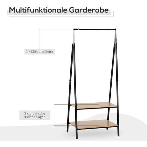 HOMCOM Gaderobenständer Kleiderständer Kleiderstange mit Schuhablage Wäscheständer Metall + Holz Schwarz + Natur 64 x 42,5 x 149 cm