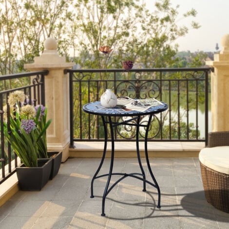 Outsunny Gartentisch Ø60 x H71cm, Wetterfest Balkontisch aus Metall, Esstisch Outdoor, Campingtisch Beistelltisch, rund Terrassentisch für Garten Terrasse Balkon Blau+Weiß