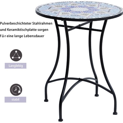 Outsunny Gartentisch Ø60 x H71cm, Wetterfest Balkontisch aus Metall, Esstisch Outdoor, Campingtisch Beistelltisch, rund Terrassentisch für Garten Terrasse Balkon Blau+Weiß
