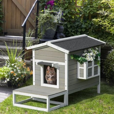 PawHut Katzenhaus aus Holz Winterfest wasserdicht Katzenhütte mit Asphaltdach  Terrasse Katzenhöhle Katzenkiste Outdoor Schutzhütte für Draußen Garten Balkon 115 x 66,5 x 74,7 cm Grau+Weiß