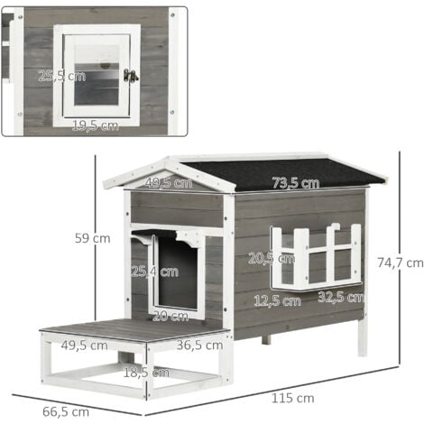 PawHut Katzenhaus aus Holz Winterfest wasserdicht Katzenhütte mit Asphaltdach  Terrasse Katzenhöhle Katzenkiste Outdoor Schutzhütte für Draußen Garten Balkon 115 x 66,5 x 74,7 cm Grau+Weiß