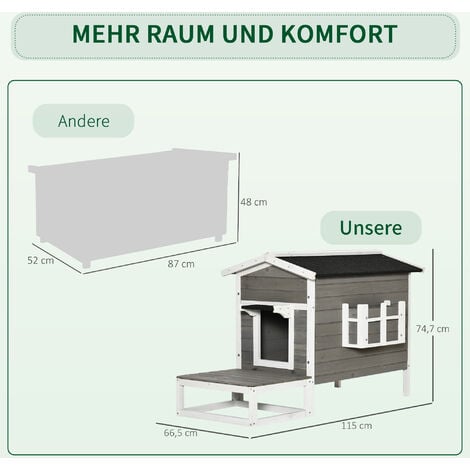 PawHut Katzenhaus aus Holz Winterfest wasserdicht Katzenhütte mit Asphaltdach  Terrasse Katzenhöhle Katzenkiste Outdoor Schutzhütte für Draußen Garten Balkon 115 x 66,5 x 74,7 cm Grau+Weiß