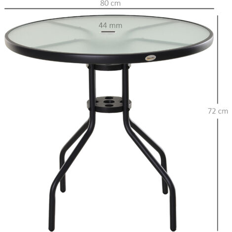 Outsunny Gartentisch Balkontisch Garten Beistelltisch Bistrotisch Gartenmöbel mit Schirmloch Hartglas + Metall Schwarz Ø80 x 72 cm