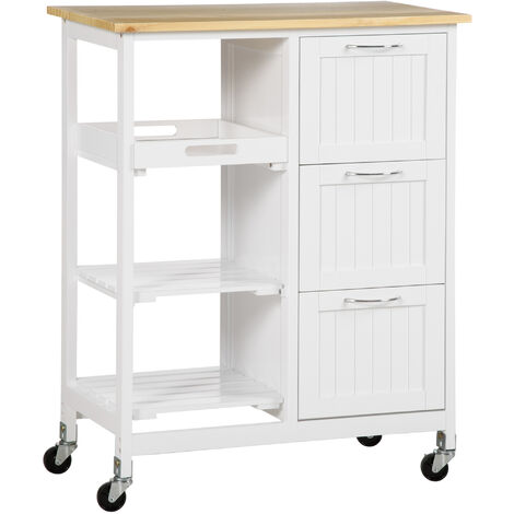 HOMCOM Küchenwagen Servierwagen mit 3 Schubladen, Küchenrollwagen mit 3 Ebenen, Aufbewahrungswagen mit Arbeitsplatte, für Küche, Weiß, 67 x 37 x 85 cm