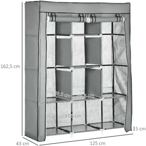 HOMCOM Stoffschrank Mit Rollen - 8 Böden & 2 Kleiderstangen, Faltbare Garderobe 125x43x162cm