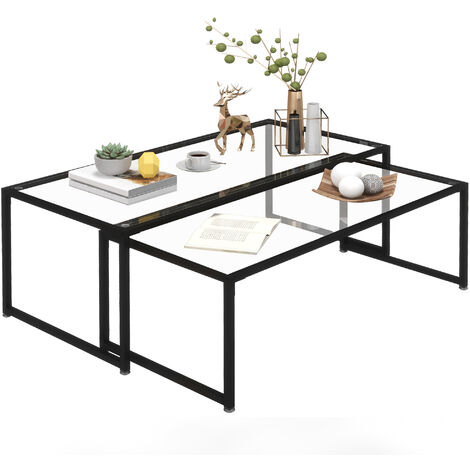 HOMCOM Couchtisch 2er-Set Beistelltisch, Kaffeetisch mit Tischplatte aus Glas, Satztisch, Wohnzimmertisch, Glastisch für Schlafzimmer, Wohnzimmer Schwarz