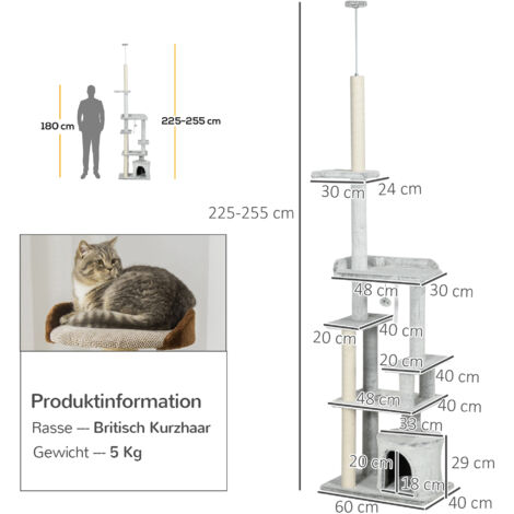 PawHut Kratzbaum, Katzenbaum Deckenhoch, Katzenkratzbaum, 225-255 cm, Kletterbaum mit Spielball, Katzenhöhle, Katzentreppe, Katzenmöbel, Hellgrau