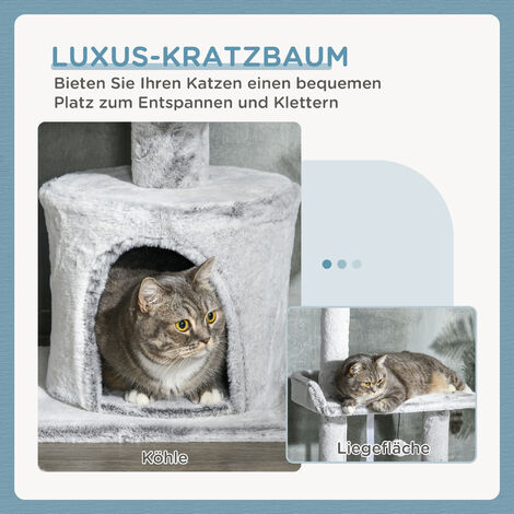 PawHut Kratzbaum, Katzenbaum Deckenhoch, Katzenkratzbaum, 225-255 cm, Kletterbaum mit Spielball, Katzenhöhle, Katzentreppe, Katzenmöbel, Hellgrau
