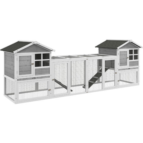 PawHut Kaninchenstall Kleintierstall aus Holz Kaninchenhaus mit Außengehege, Rampe, Kleintierhaus mit Bodenwanne, Kleintierkäfig für Indoor Outdoor Grau 259 x 64 x 92 cm