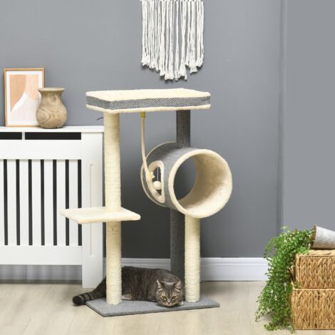 PawHut Kratzbaum 104 cm Katzenbaum mit Katzenhöhle, Katzenkratzbaum mit Spielball, Katzenbaum mit 2 Liegeflächen, Kletterbaum für Katzen bis 5 kg, Katzenmöbel, Sisal, Grau