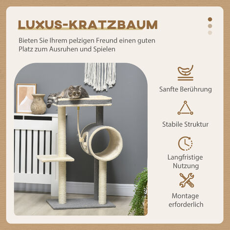 PawHut Kratzbaum 104 cm Katzenbaum mit Katzenhöhle, Katzenkratzbaum mit Spielball, Katzenbaum mit 2 Liegeflächen, Kletterbaum für Katzen bis 5 kg, Katzenmöbel, Sisal, Grau