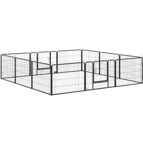 PawHut Welpenlaufstall 12-TLG Welpenauslauf mit 12 Gitterplatten 2 Tür flexibel Schutzplane 60cm hoch Hundelaufstall Laufstall für Haustiere Hund Katze Welpe Laufgitter für drinnen und draußen