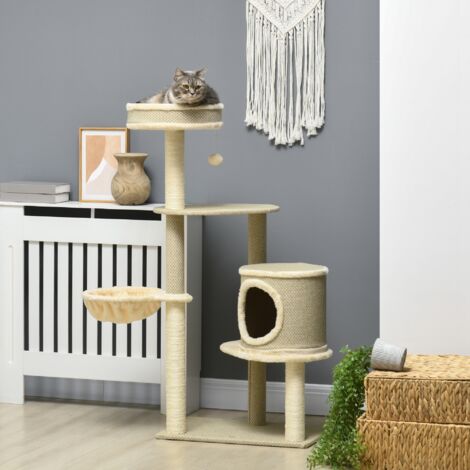 PawHut Kratzbaum 111 cm Katzenbaum mit Katzenhöhle, Bett, Spielball, für Katzen bis 5 kg, Grau, Kletterbaum