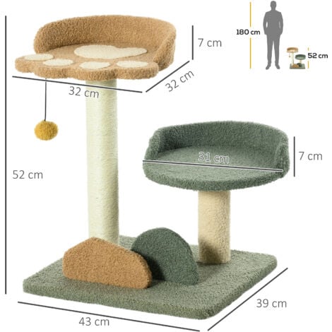 PawHut Katzenbaum klein, 52 cm Katzenkratzbaum Kletterbaum mit 2 Ebenen,  Kratzbaum mit Spielball, Katzenmöbel, kleiner Kratzbaum für Katzen unter 5 kg, Sisal