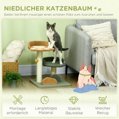 PawHut Katzenbaum klein, 52 cm Katzenkratzbaum Kletterbaum mit 2 Ebenen,  Kratzbaum mit Spielball, Katzenmöbel, kleiner Kratzbaum für Katzen unter 5 kg, Sisal