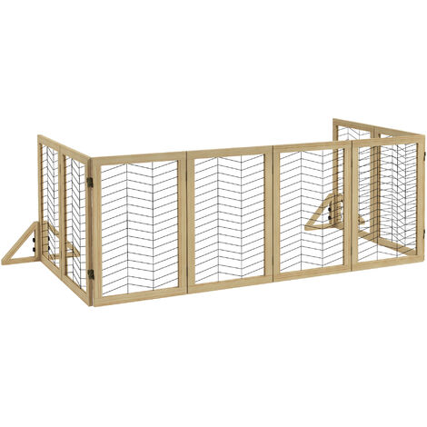 PawHut Hunde Absperrgitter aus Holz, Türschutzgitter, Klappbares Hundegitter mit 8 Platten, Hundeabsperrgitter, Treppenschutzgitter, Kamingitter für Ofen, Natur, 375 x 44 x 70 cm (1/5)