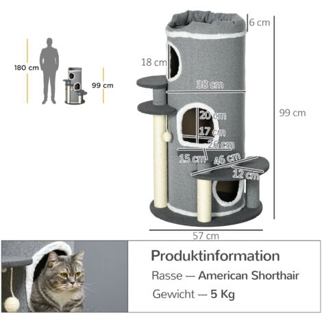 PawHut Kratzbaum 99 cm Katzenturm mit 3 Höhle, Spielball, Sisalstämme, Plattform, mehrstöckiger Katzenkratzbaum, Kletterbaum, für mittelgroße Katzen, Grau