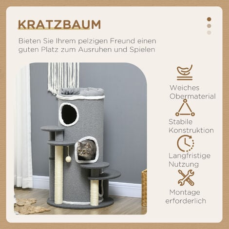 PawHut Kratzbaum 99 cm Katzenturm mit 3 Höhle, Spielball, Sisalstämme, Plattform, mehrstöckiger Katzenkratzbaum, Kletterbaum, für mittelgroße Katzen, Grau